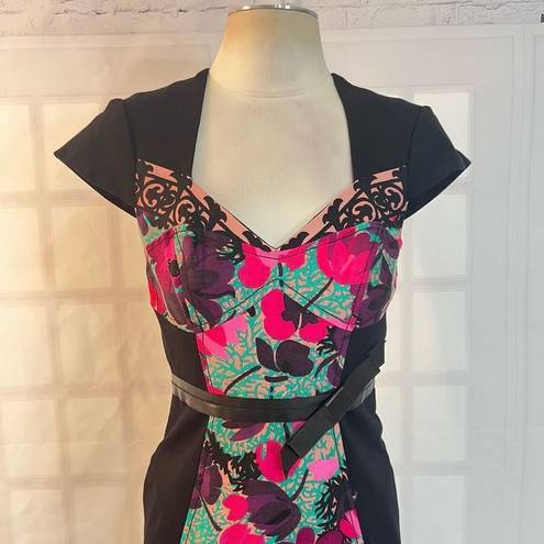 Tracy Reese  black sheath dress with silk pink floral center panel size 4