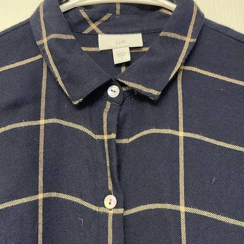 J.Jill Women's  Navy Blue Checker Plaid Blouse Pleated Back L/S Shirt Size Small