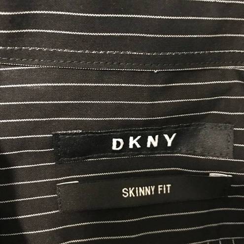 DKNY  Shirt Womens 16 Black Striped Skinny Fit Button Up Long Sleeve Top Collared