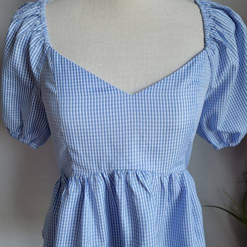 English Factory Nordstrom,  New Blue Gingham Peplum Puff Sleeve Top Size Small