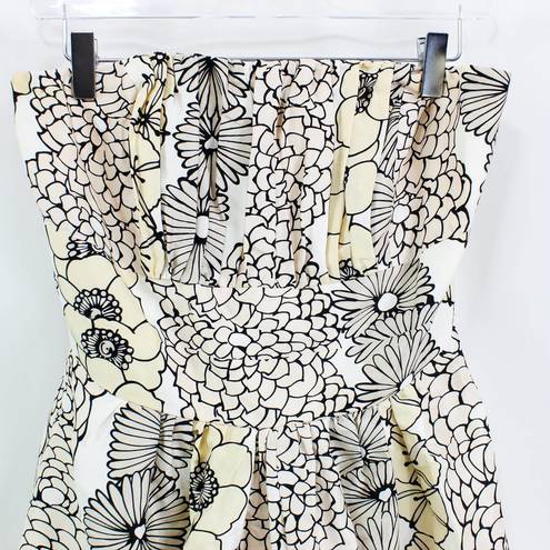 Tracy Reese  White Beige Silk Mod Floral Strapless A-Line Mini Dress