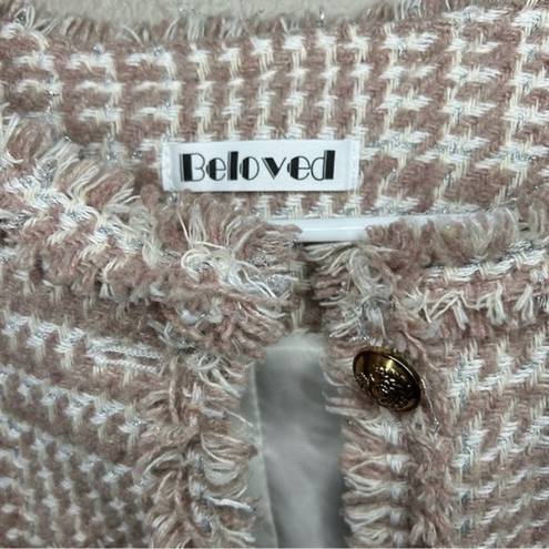 Houndstooth Beloved neutral pink fringe trim  tweed blazer size small