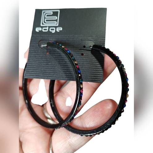 Edge Black Hoop Earrings‎ With Multi-Color Crystal Accents - #142