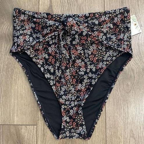 Chelsea and Violet  High Waist Front Tie Black Floral Bikini Swim Bottoms Large