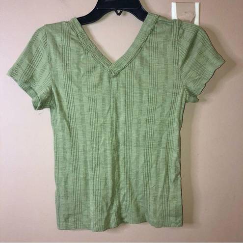 Pilcro  Anthro Ribbed Double V Neck Short Sleeve Shirt Green Small