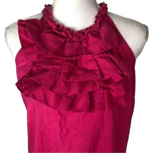 Luna Marina  Pink Ruffled Mock Neck Sleeveless Linen Blend Blouse