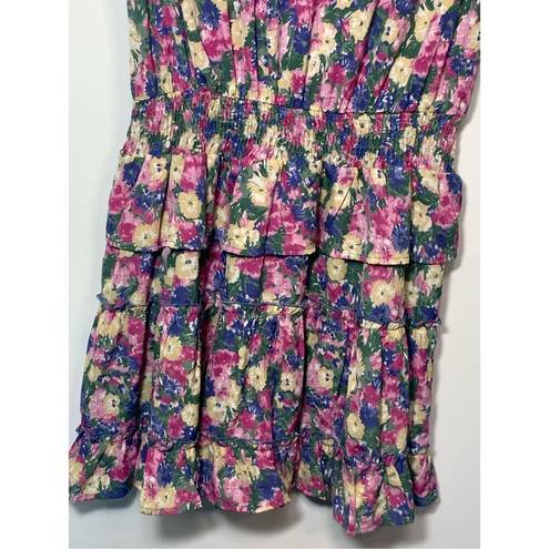 Entro  Women’s Floral Tiered V-Neck Smocked Waist Mini Dress Pink Blue Medium