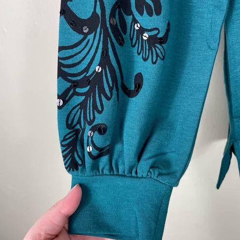 Chico's  Zenergy Sequined French Terry Scrolls Sweatshirt in Peacock Teal
