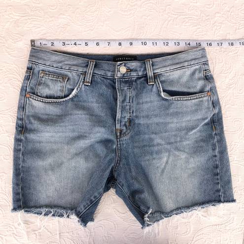 Sanctuary Comfort Rigid High Waisted Hidden Button Fly Raw Hem Denim Shorts