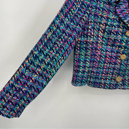 Doncaster Vintage 80s  Silk Multicolored Crop Blazer Size 6 Statement Gold Button