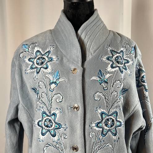 Bob Mackie  Women’s Wearable Art Light Blue Fleece X-Large Embroidered Jacket EUC