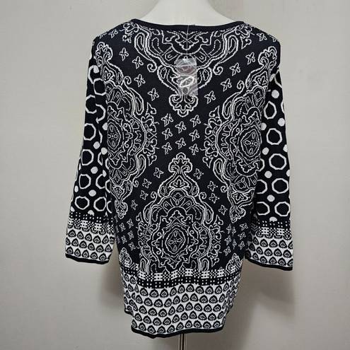 Isaac Mizrahi  Black & White Geo Paisley Jacquard Knit Cardigan Size XL