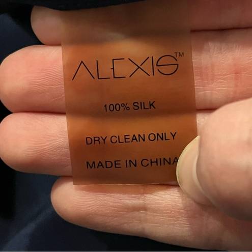 Alexis  Austyn 100% Silk Navy One Shoulder Ruffle Asymmetrical Maxi Gown Dress L