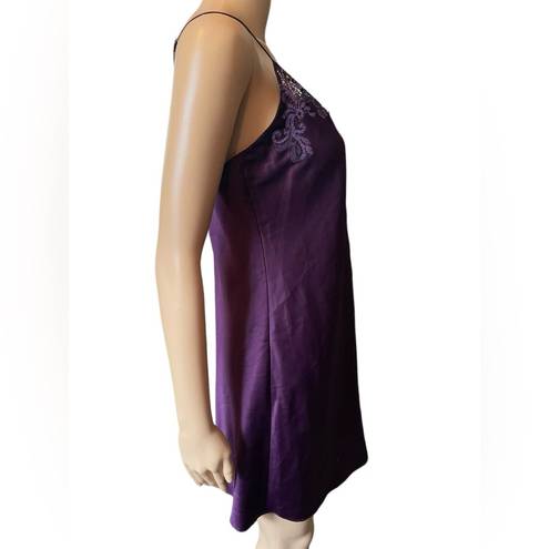 Natori  Purple Silky Satin Luxury Floral Lace Lingerie Mini Slip Chemise Dress