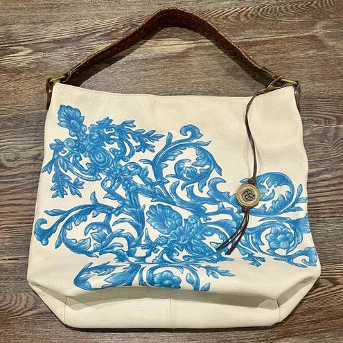 Elliott Lucca Blue & Cream Floral Pebbled Leather Hobo Bag Purse