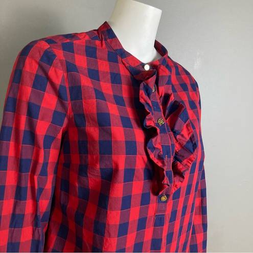 Draper James Draper Jane button up shirt 8 long sleeve plaid western ruffle navy blue red