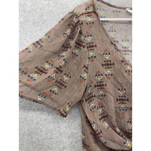 Kirra  Women's Blouse Tie Front Brown Taupe Tribal Sheer Size Large