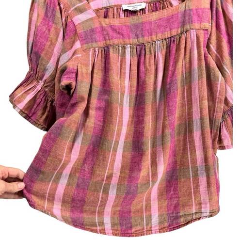 Beach Lunch Lounge Plaid Linen Blend Blouse Top M