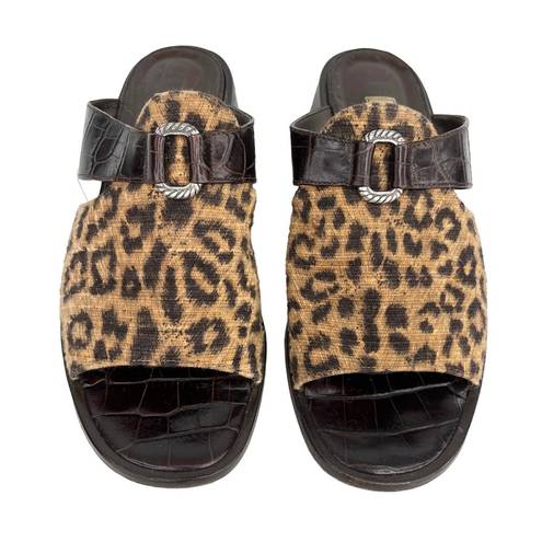 Brighton  Sandals Mules 7.5M Brown Leopard Leather Fabric Silver