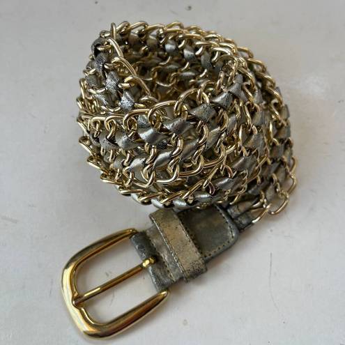 None Gold Chainlink and Silver Leather Twist  Womens Belt 38 inches long Buckle Disco