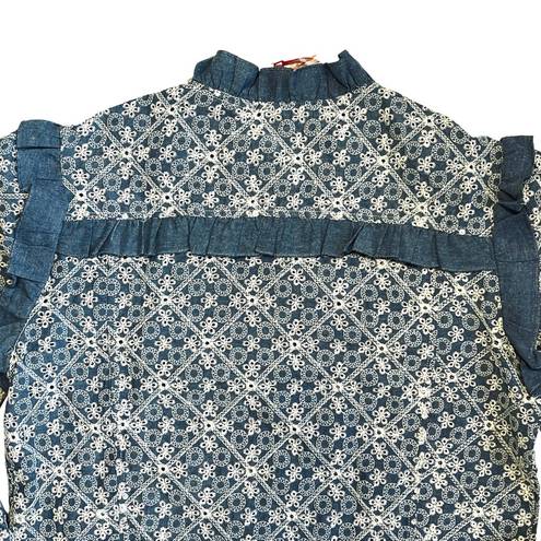 Solitaire  Women’s Sz L NEW Denim Floral Ruffle Eyelet Lace Cropped Shirt Jacket