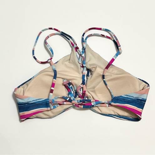 Vanilla Beach  Bikini Top High Neck Strappy Criss Cross Blue Pink Striped NWOT L