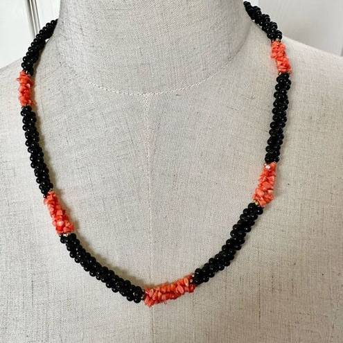 Onyx Black   beaded and coral long twisted necklace