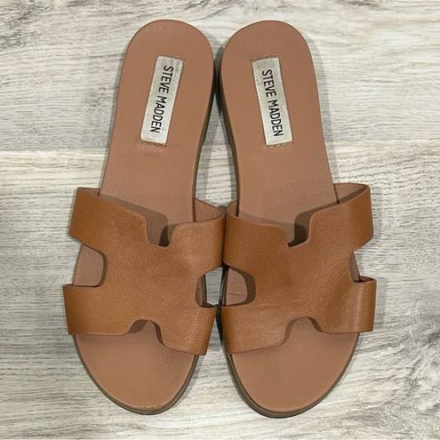 Steve Madden Roceen Sandals Brown Leather Slip On Flats Slides Shoes Size 7