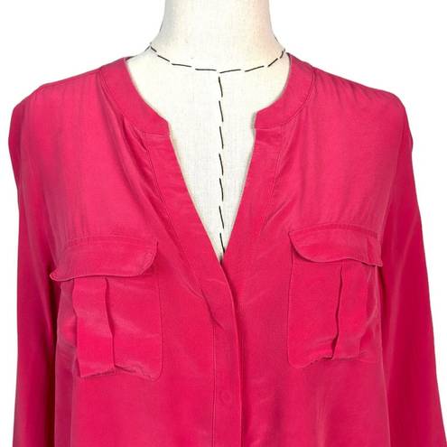 Joie  Silk Button Down Shirt Women's Pink V-Neck Pockets Long Sleeve Size Small