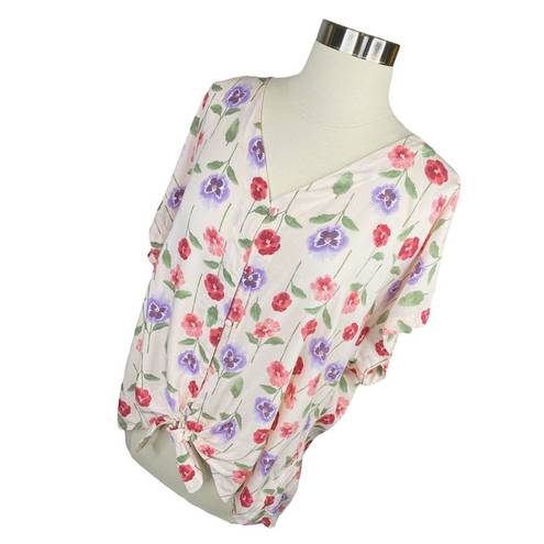 Bobeau  Floral Tie Up Button Down Blouse