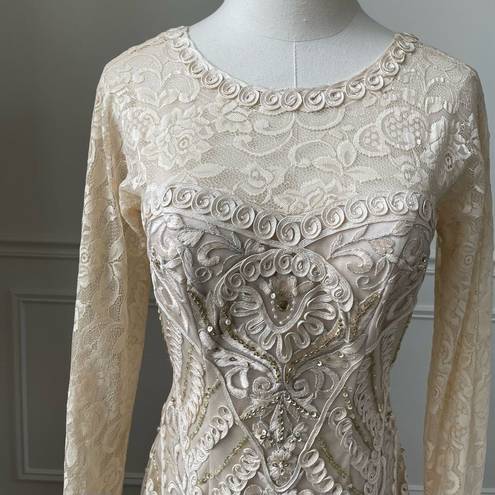 Sue Wong  Nocturne Illusion Soutache Embellished Long Sleeve Cream Formal Dress 2