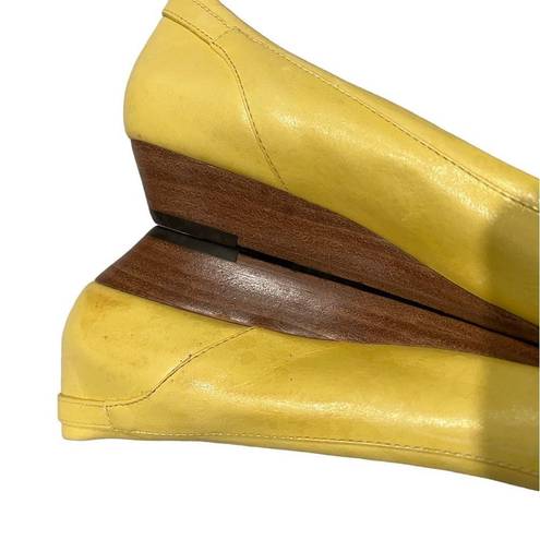 Frye Wedges  Yellow Leather Buckle Detail Peep Toe Wedges, Sz 8