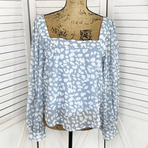 Petal Lucca  Print Square Neck Crop Blouse Blue White Large Long Balloon Sleeve