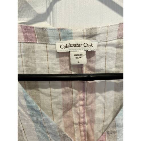 Coldwater Creek  100% Linen Blouse Size Large Striped Tie Full Button Front