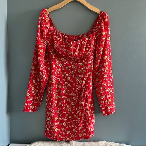 Pretty Little Thing  Red Ditsy Floral Bow Mini Dress