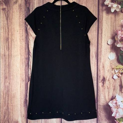 Sharagano cap sleeve black shift dress with gold stud detail