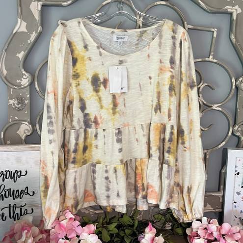 True Craft Ivory Tie Dye Tiered Top  Long Sleeve Cotton Blend Flowy Womens Medium