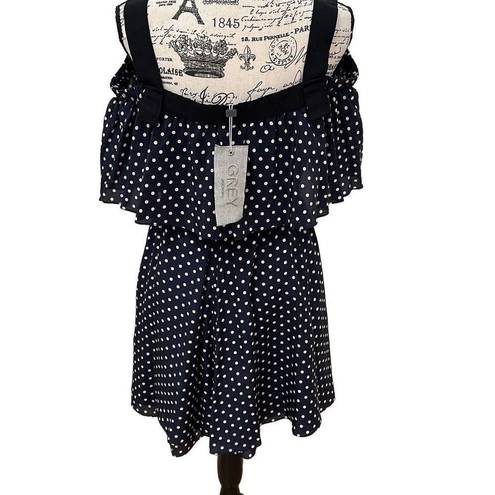 Jason Wu  GREY Navy and White Polka Dot Off Shoulder Ruffle Fit and Flare Dress S