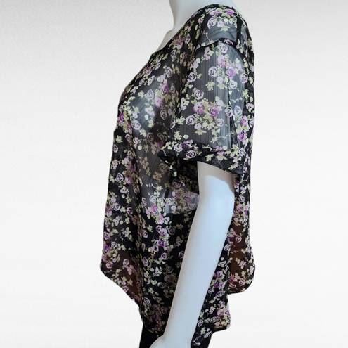 Kirra  Black Purple Ditsy Floral Tulip Back Sheer Blouse Size Medium