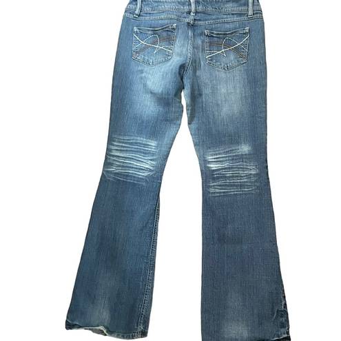 SO  Junior Jeans Wide Leg Streetwear Y2K Distressed Size 11 Blue Stretch Denim