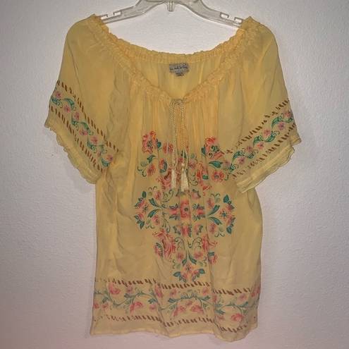 Live and let live  Floral Boho Blouse Ties Yellow L