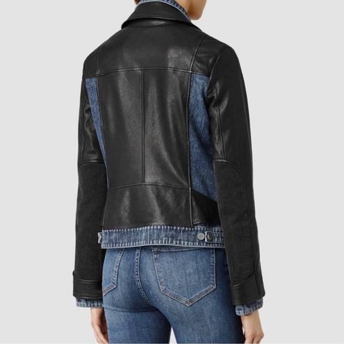 ALLSAINTS  Leather Jacket Biker Blue Denim Black Leather Jacket Size 4