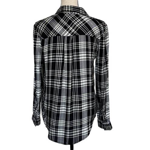 Style & Co  Small Button-Up Top Plaid Pocket Long Sleeve Hi-Low Hem Black White