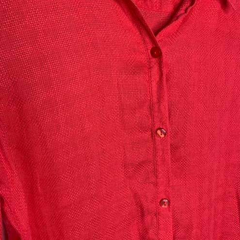 Coldwater Creek 100% Linen Textured Long Sleeve Coral Button Up Collared Blouse