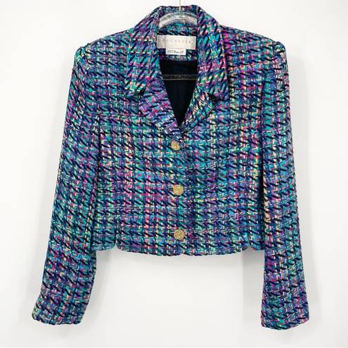 Doncaster Vintage 80s  Silk Multicolored Crop Blazer Size 6 Statement Gold Button