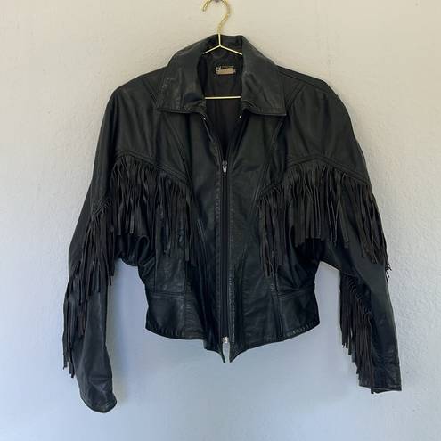 Vintage 80s Oversized Black Leather Fringe Jacket M Size M