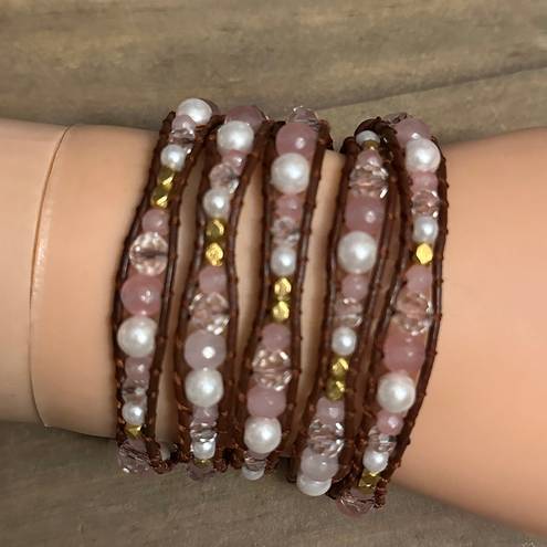 Victoria Emerson Rose Quartz And Pearl Leather Wrap Bracelet