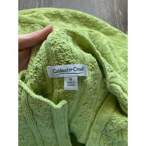 Coldwater Creek Funky  Lime Green Textured Flare Sleeve Quarter Zip Flowy Sweater
