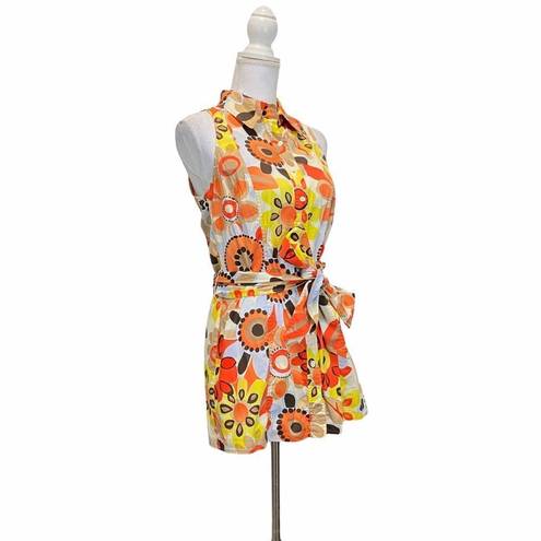 W By Worth Women's  Sz 8 Floral Mod Top Sleeveless Colared Belted Button Blouse