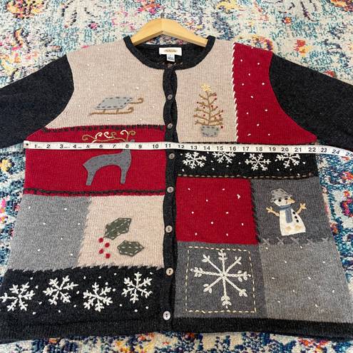 Talbots vintage Christmas reindeer snowflake wool cardigan sweater